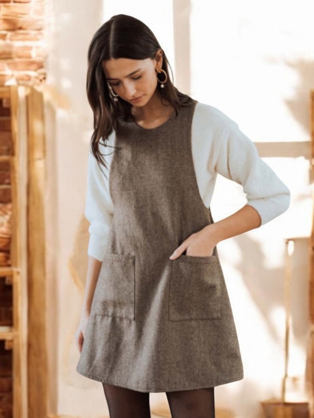Textured Brown Sleeveless Shift Dress wPockets straps are thicker in stock photo